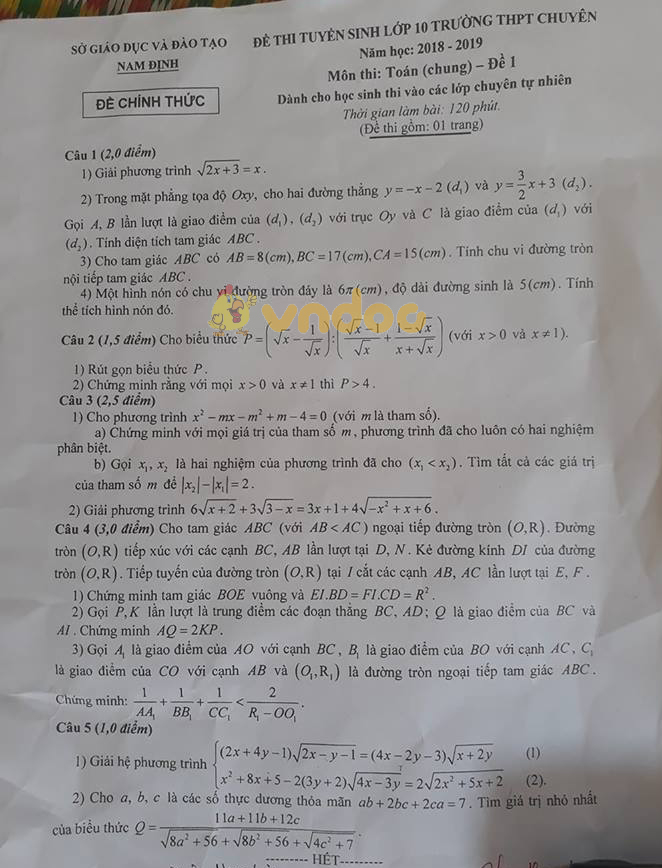 Đề thi tuyển sinh vào lớp 10 THPT Chuyên môn Toán Sở GD&ĐT Nam Định năm học 2018 - 2019 (đề 1)