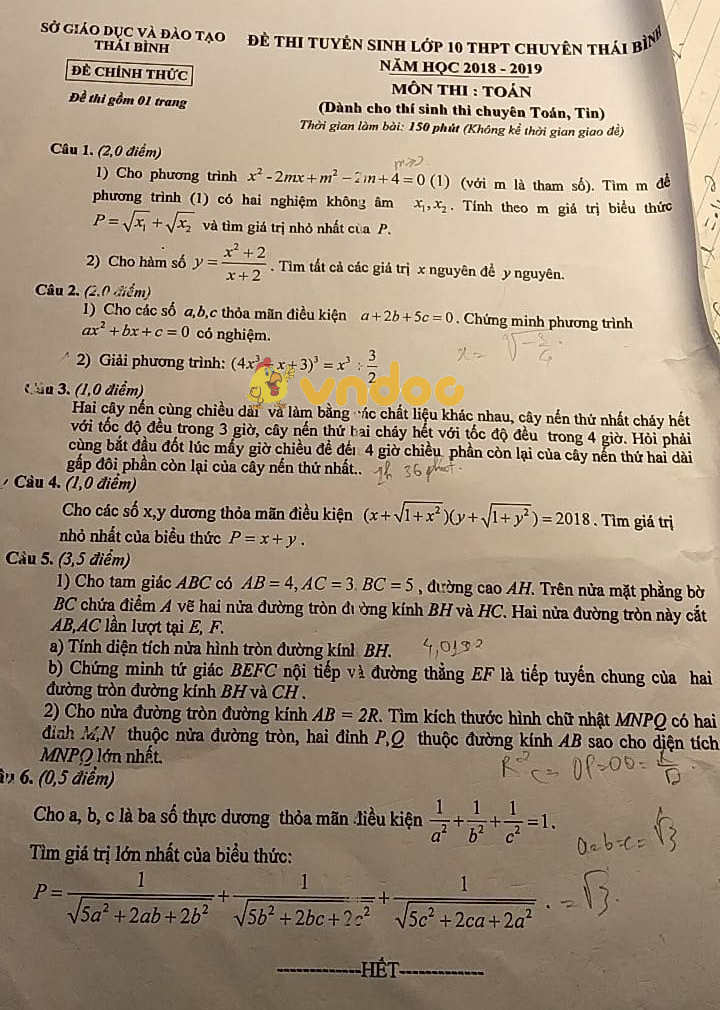 Đề thi tuyển sinh vào lớp 10 THPT Chuyên môn Toán Sở GD&ĐT Thái Bình năm học 2018 - 2019