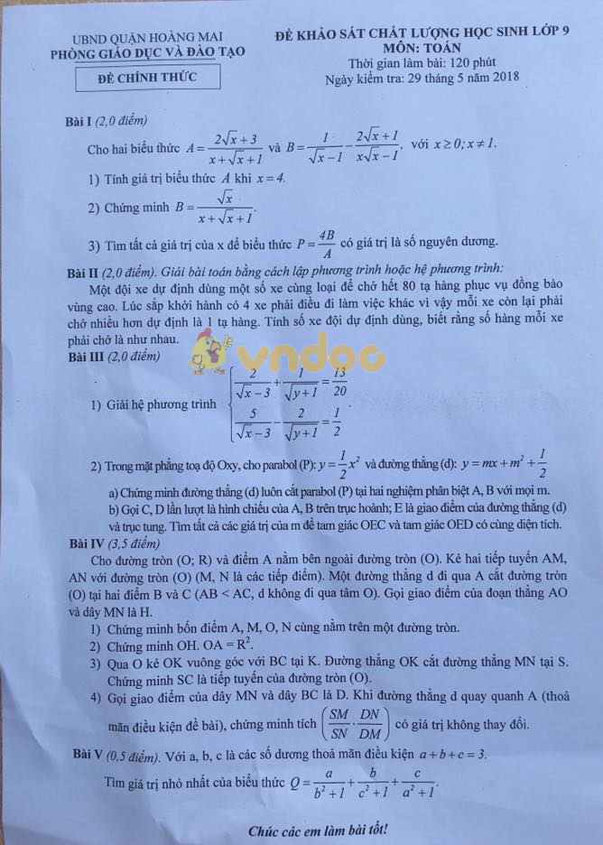 Đề KSCL lớp 9 môn Toán Phòng GD&ĐT Quận Hoàng Mai năm 2017 - 2018