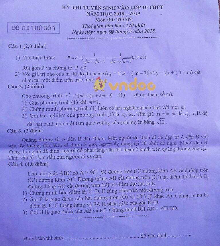 Đề thi thử vào lớp 10 môn Toán năm học 2018 - 2019 (số 3)