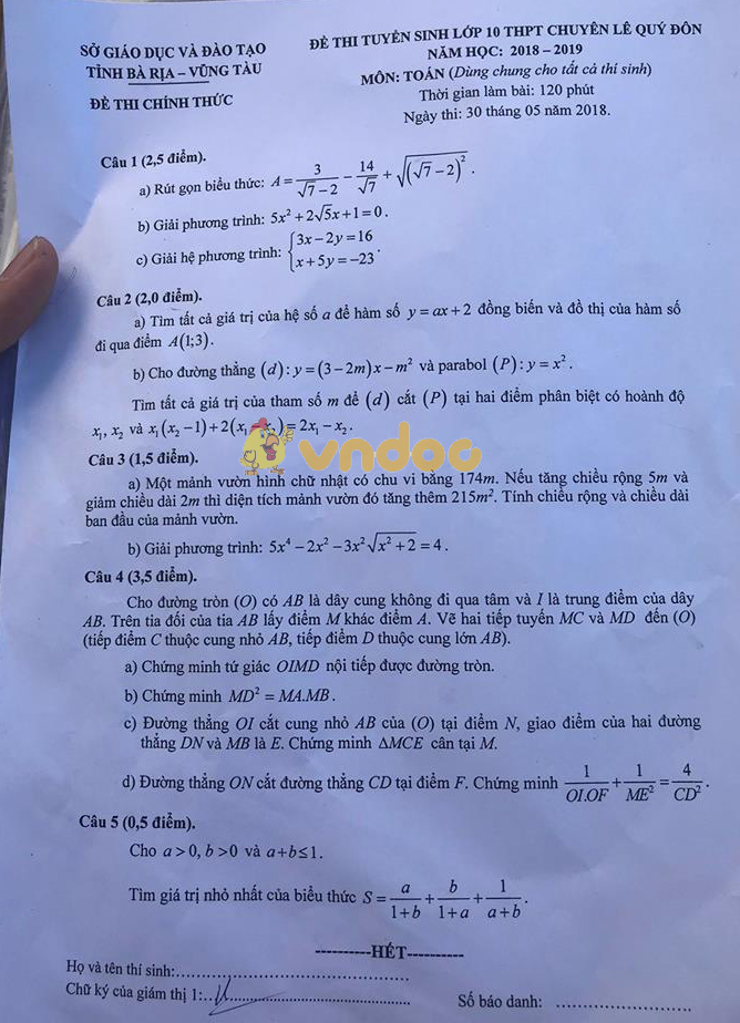 Đề thi tuyển sinh vào lớp 10 môn Toán trường chuyên Lê Quý Đôn, Bà Rịa - Vũng Tàu năm học 2018 - 2019