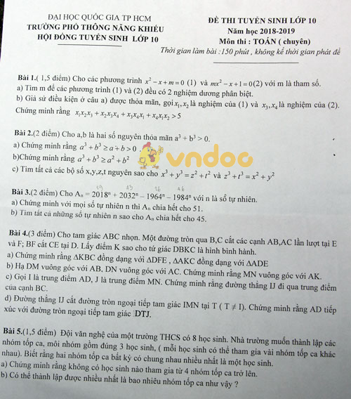 Đề thi tuyển sinh vào lớp 10 môn Toán trường Phổ Thông Năng Khiếu, Thành Phố Hồ Chí Minh năm học 2018 - 2019 (chuyên)