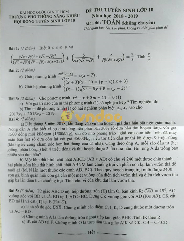 Đề thi tuyển sinh vào lớp 10 môn Toán trường Phổ Thông Năng Khiếu, Thành Phố Hồ Chí Minh năm học 2018 - 2019 (không chuyên)