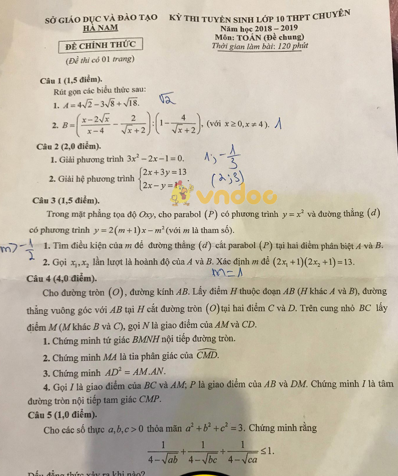 Đề thi tuyển sinh vào lớp 10 THPT Chuyên môn Toán Sở GD&ĐT Hà Nam năm học 2018 - 2019
