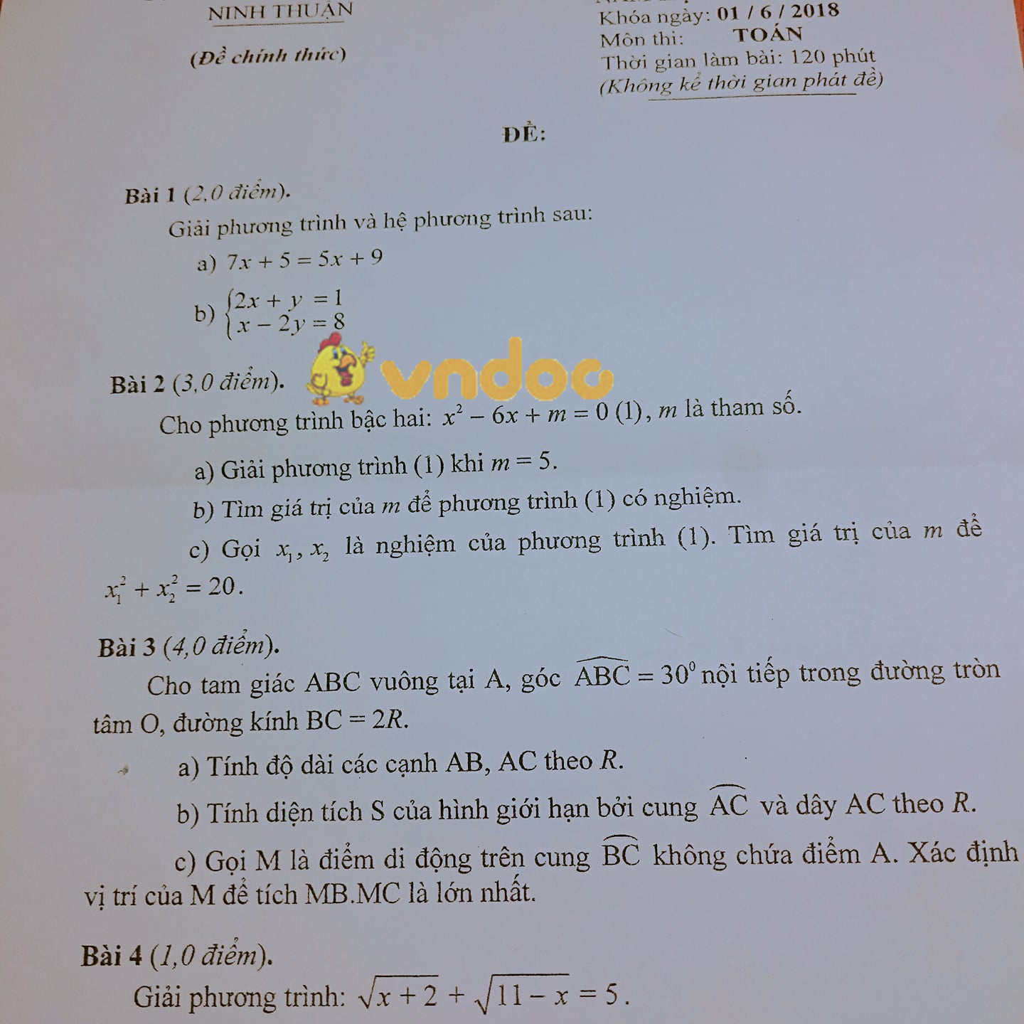 Đề thi tuyển sinh vào lớp 10 môn Toán Sở GD&ĐT Ninh Thuận năm học 2018 - 2019