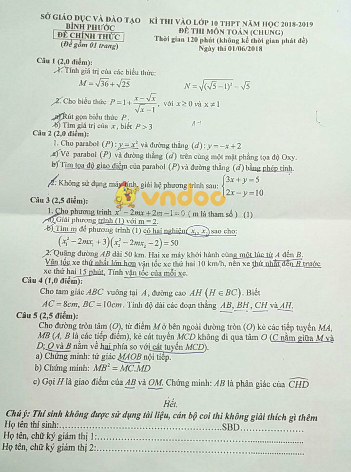 Đề thi tuyển sinh vào lớp 10 THPT môn Toán Sở GD&ĐT Bình Phước năm học 2018 - 2019