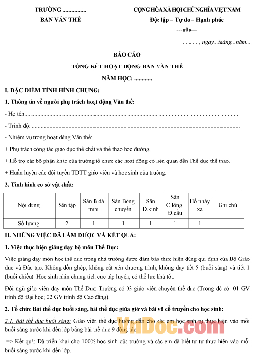 Mẫu báo cáo tổng kết năm học của ban văn thể