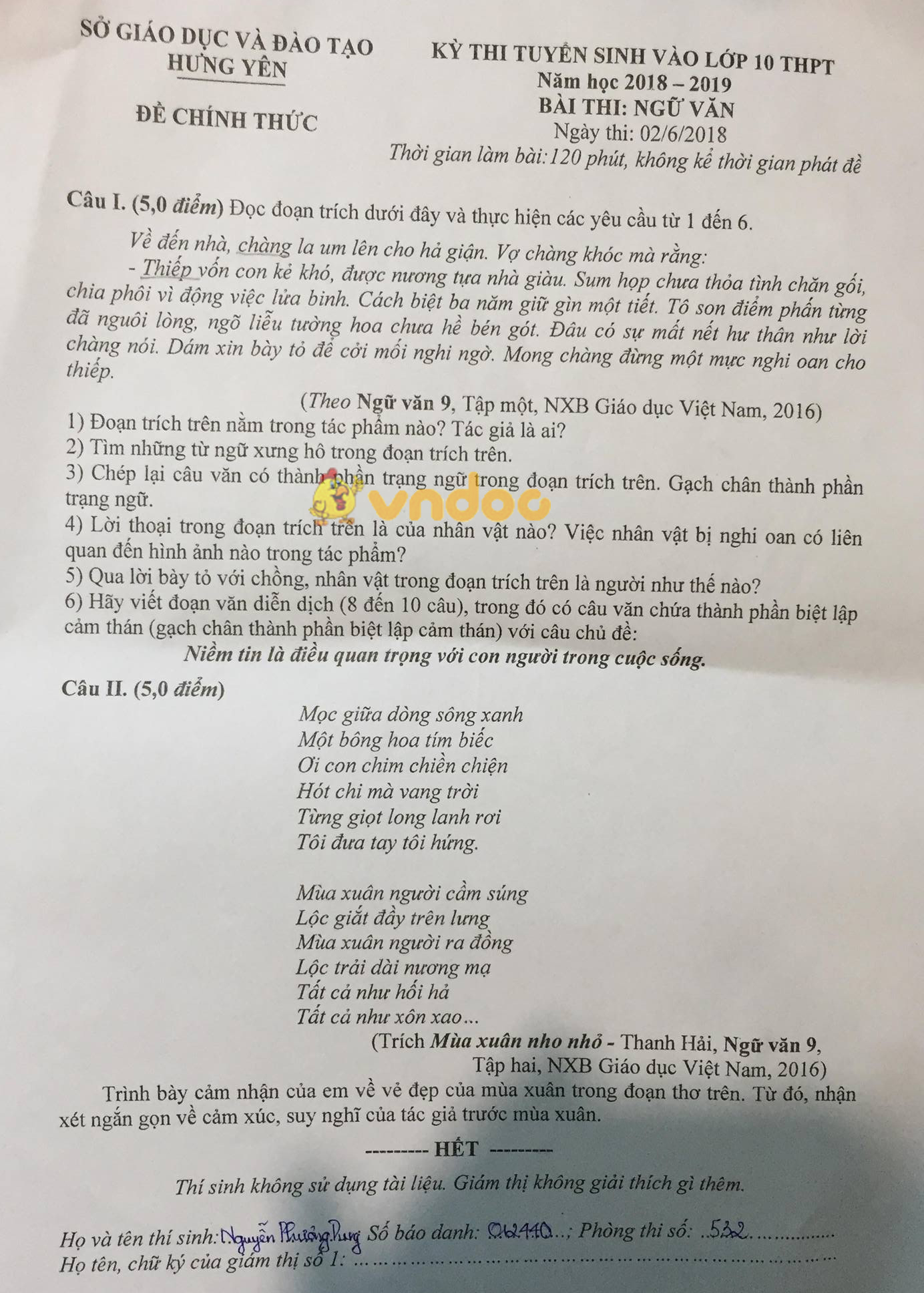 Đề thi tuyển sinh vào lớp 10 THPT môn Ngữ văn Sở GD&ĐT Hưng Yên năm học 2018 - 2019