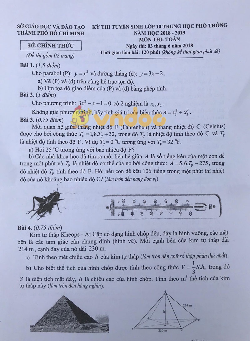 Đề thi tuyển sinh vào lớp 10 THPT môn Toán Sở GD&ĐT Thành Phố Hồ Chí Minh năm học 2018 - 2019