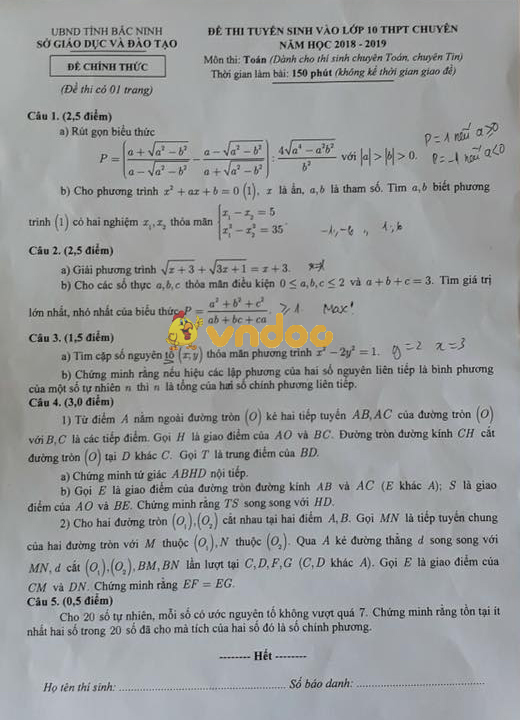 Đề thi tuyển sinh vào lớp 10 THPT Chuyên môn Toán Sở GD&ĐT Bắc Ninh năm học 2018 - 2019