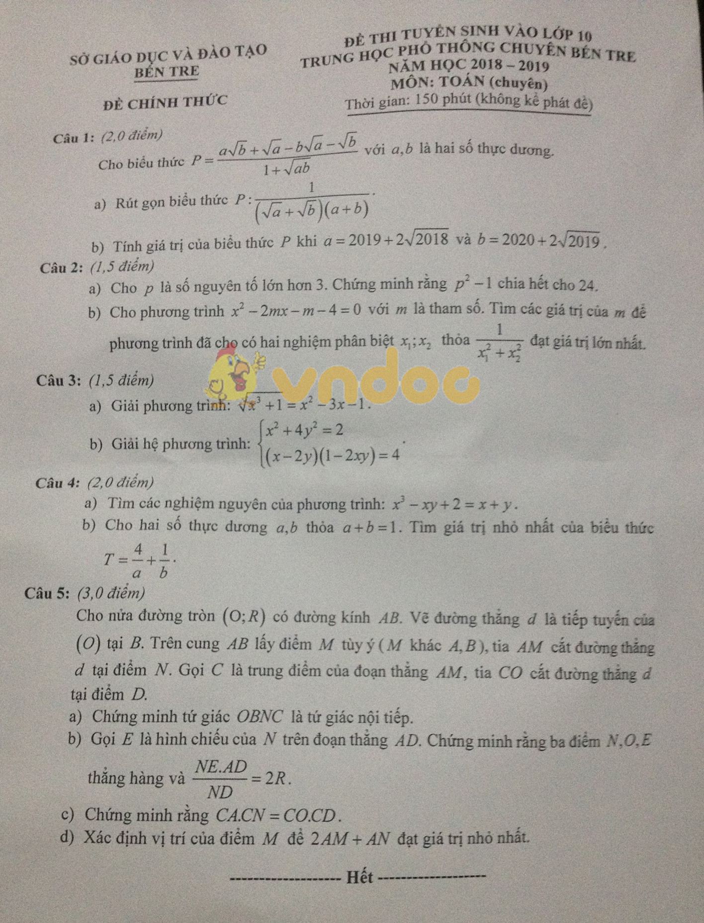 Đề thi tuyển sinh vào lớp 10 THPT Chuyên môn Toán Sở GD&ĐT Bến Tre năm học 2018 - 2019