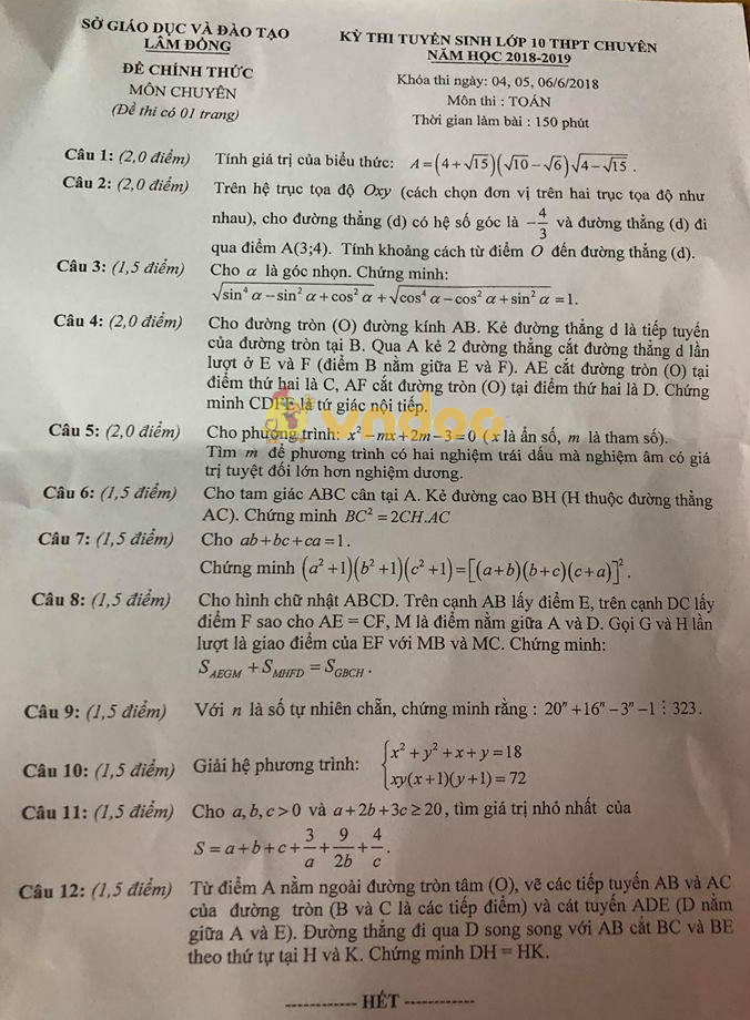 Đề thi tuyển sinh vào lớp 10 THPT chuyên môn Toán Sở GD&ĐT Lâm Đồng năm học 2018 - 2019