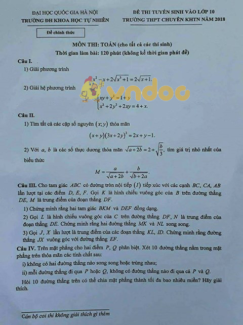 Đề thi tuyển sinh vào lớp 10 THPT Chuyên môn Toán trường Đại học Khoa học tự nhiên Hà Nội năm học 2018 - 2019