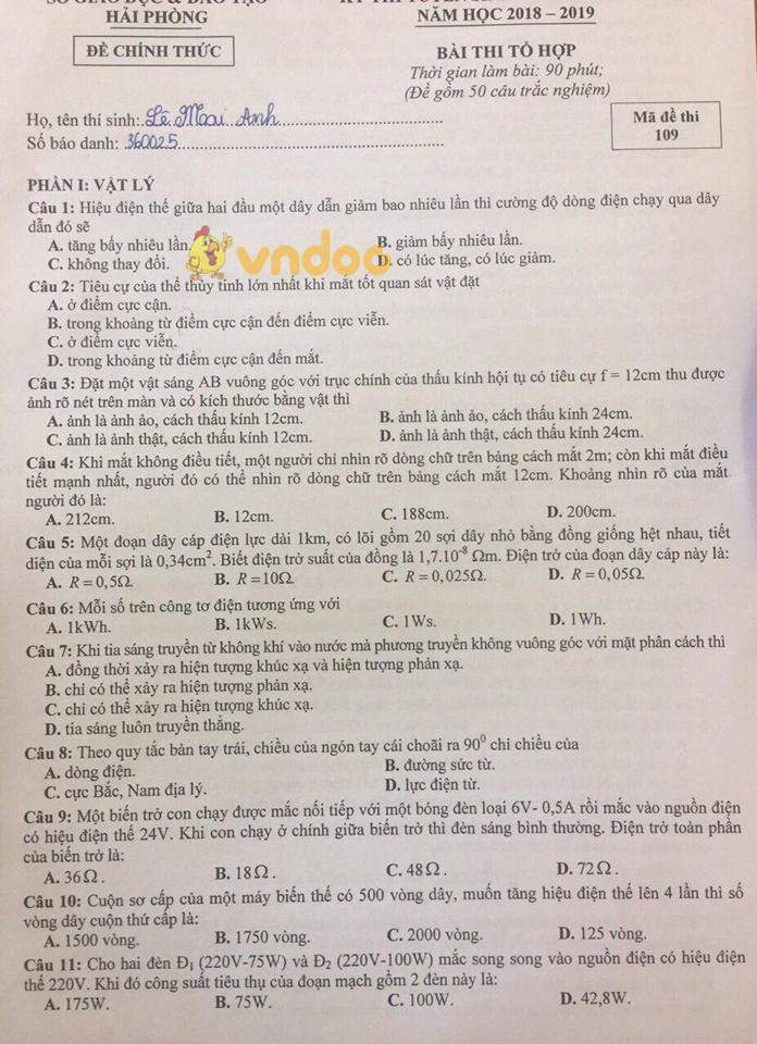 Đề thi tuyển sinh vào lớp 10 THPT môn Tổ hợp Sở GD&ĐT Hải Phòng năm học 2018 - 2019