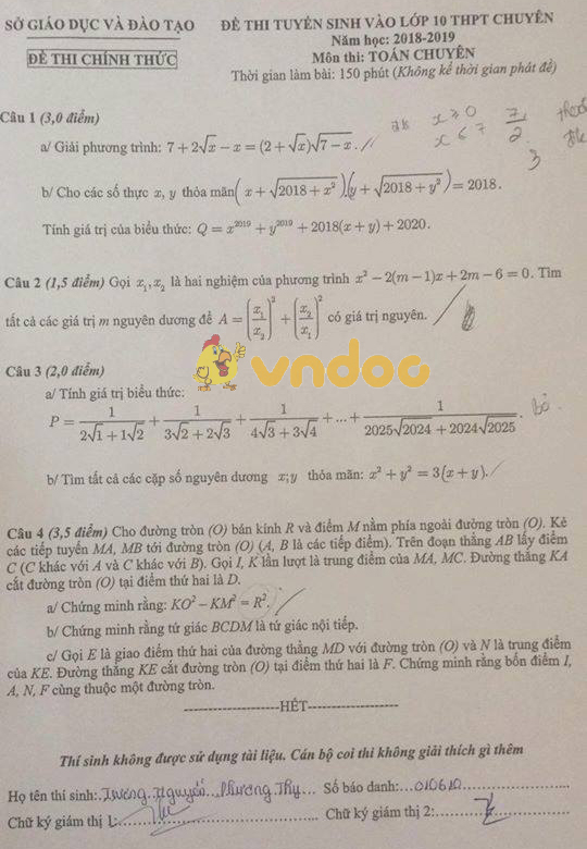 Đề thi tuyển sinh vào lớp 10 THPT Chuyên môn Toán Sở GD&ĐT Bình Dương năm học 2018 - 2019