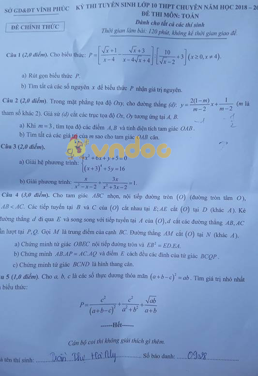 Đề thi tuyển sinh vào lớp 10 THPT Chuyên môn Toán Sở GD&ĐT Vĩnh Phúc năm học 2018 - 2019