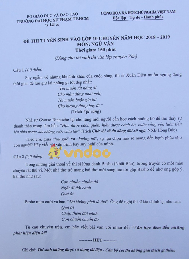 Đề thi tuyển sinh vào lớp 10 THPT Chuyên môn Ngữ văn trường Đại học sư phạm Thành Phố Hồ Chí Minh năm học 2018 - 2019