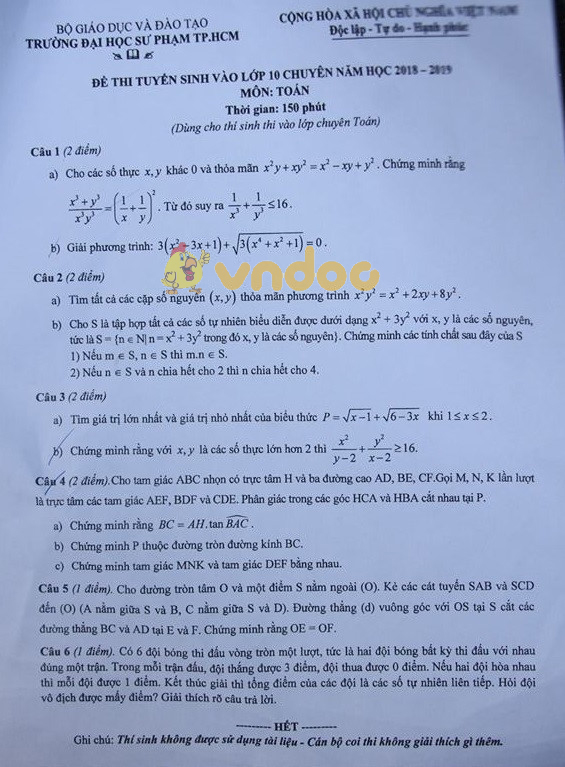 Đề thi tuyển sinh vào lớp 10 THPT Chuyên môn Toán trường Đại học sư phạm Thành Phố Hồ Chí Minh năm học 2018 - 2019