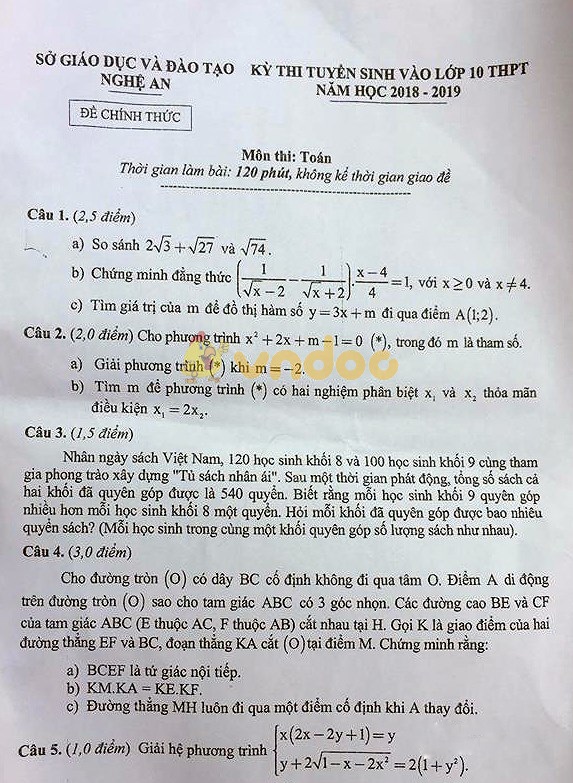 Đề thi tuyển sinh vào lớp 10 THPT môn Toán Sở GD&ĐT Nghệ An năm học 2018 - 2019