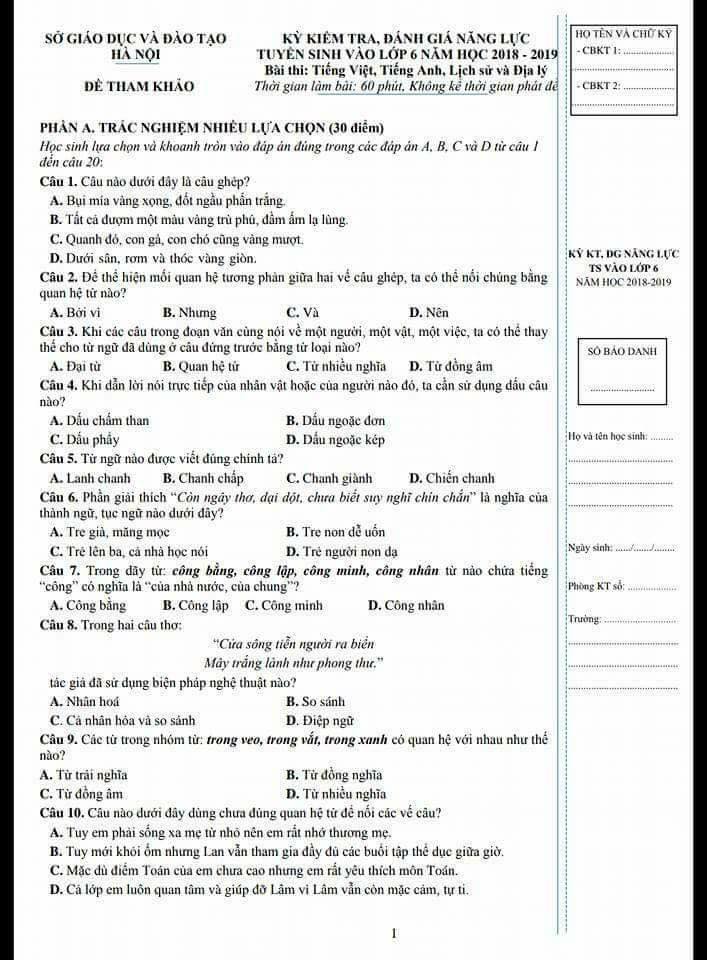 Đề thi đánh giá năng lực vào lớp 6