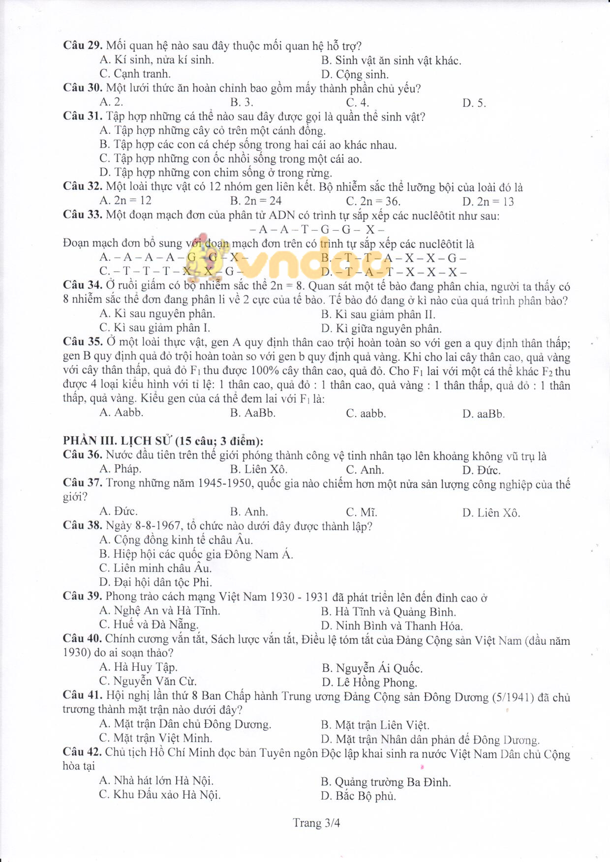 Đề thi tuyển sinh vào lớp 10 môn Tổ hợp Sở GD&ĐT Vĩnh Phúc năm học 2018 - 2019