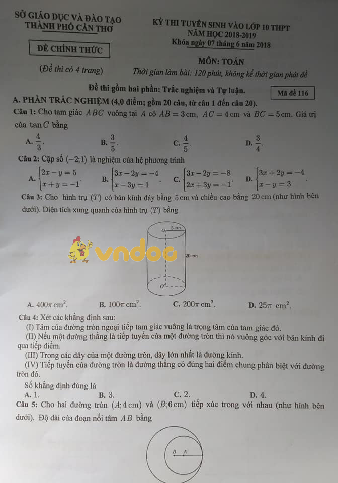 Đề thi tuyển sinh vào lớp 10 môn Toán Sở GD&ĐT Cần Thơ năm học 2018 - 2019