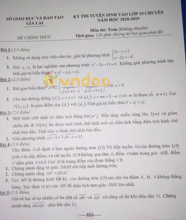 Đề thi tuyển sinh vào lớp 10 môn Toán Sở GD&ĐT Gia Lai năm học 2018 - 2019 (không chuyên)