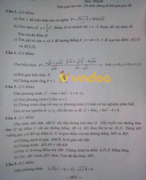 Đề thi tuyển sinh vào lớp 10 môn Toán Sở GD&ĐT Thái Bình năm học 2018 - 2019