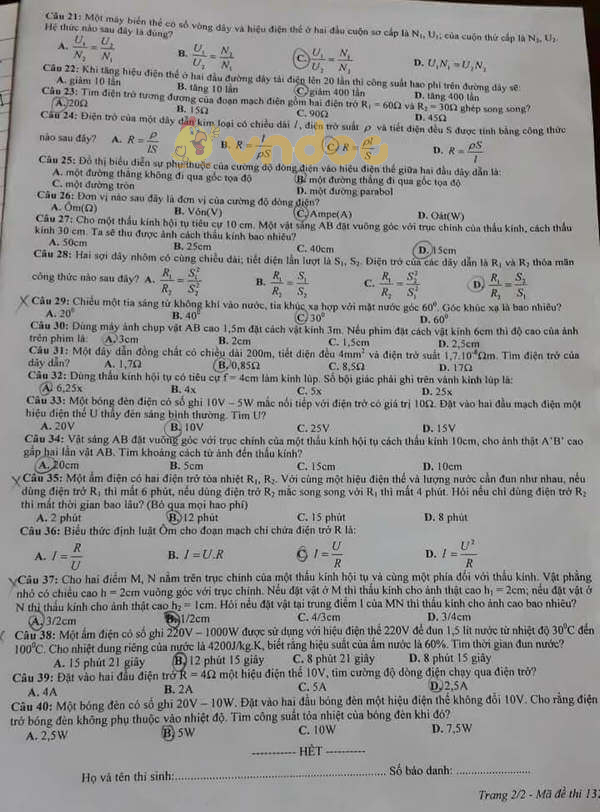 Đề thi tuyển sinh vào lớp 10 môn Vật lý Sở GD&ĐT Thái Bình năm học 2018 - 2019