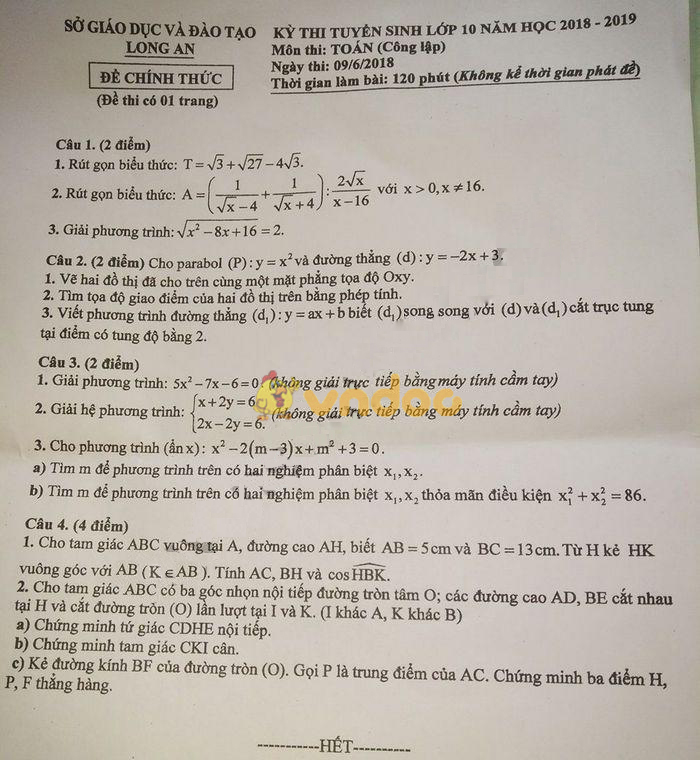 Đề thi tuyển sinh vào lớp 10 môn Toán Sở GD&ĐT Long An năm học 2018 - 2019