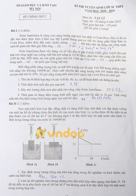 Đề thi tuyển sinh vào lớp 10 THPT chuyên môn Vật lý Sở GD&ĐT Hà Nội năm học 2018 - 2019