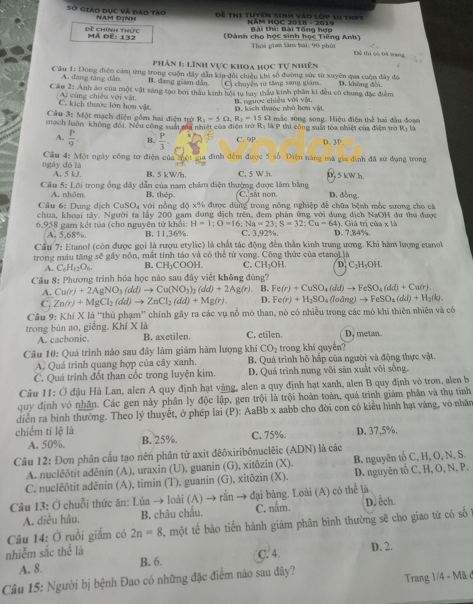 Đề thi tuyển sinh vào lớp 10 môn Tổ hợp Sở GD&ĐT Nam Định năm học 2018 - 2019