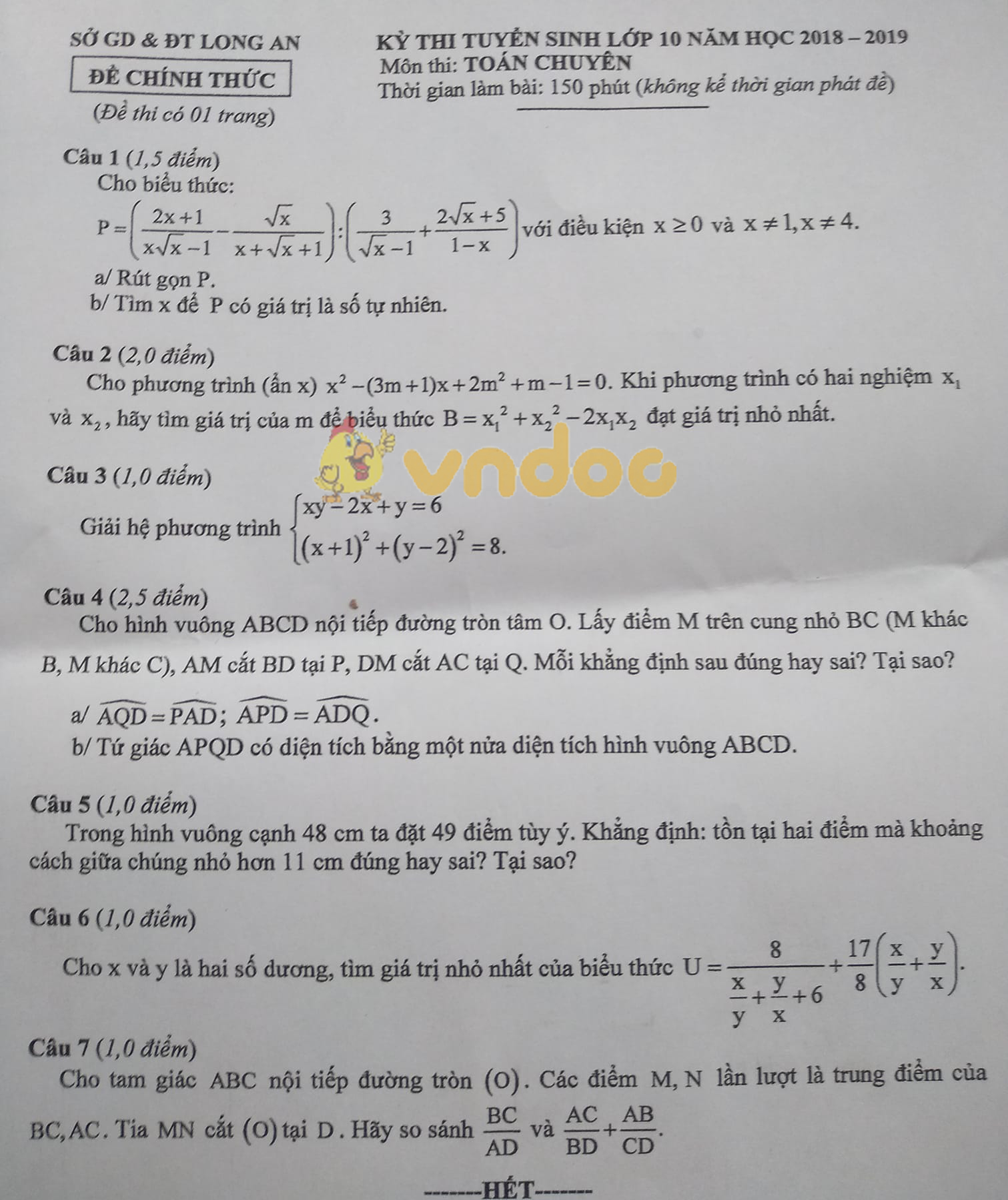 Đề thi tuyển sinh vào lớp 10 THPT Chuyên môn Toán Sở GD&ĐT Long An năm học 2018 - 2019