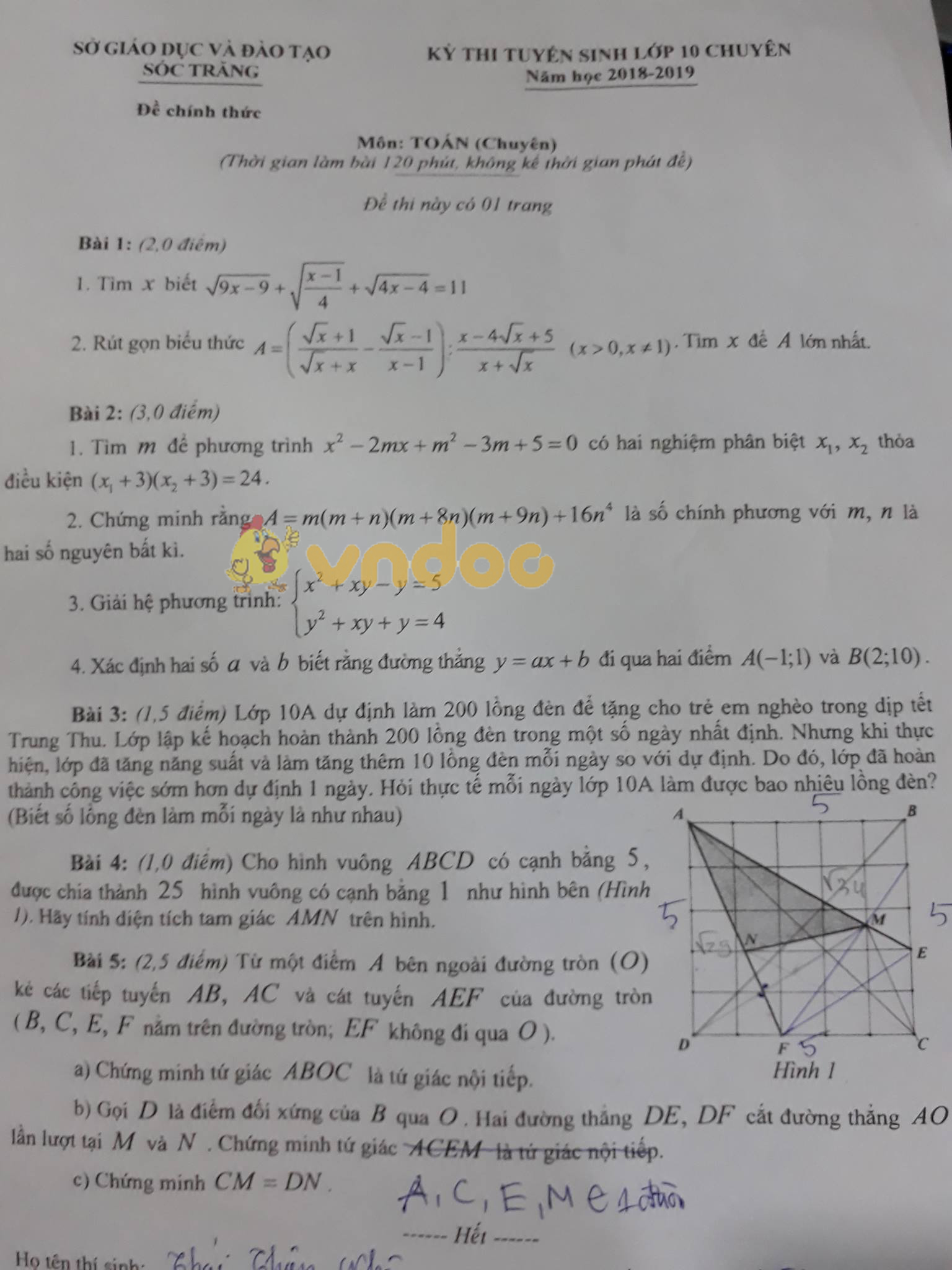 Đề thi tuyển sinh vào lớp 10 THPT chuyên môn Toán Sở GD&ĐT Sóc Trăng năm học 2018 - 2019