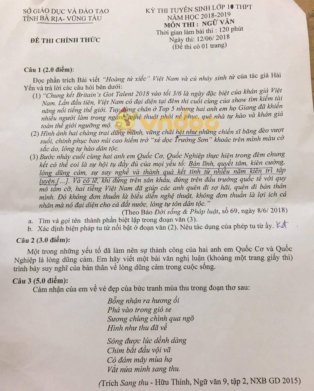 Đề thi tuyển sinh vào lớp 10 môn Ngữ văn Sở GD&ĐT Bà Rịa - Vũng Tàu năm học 2018 - 2019
