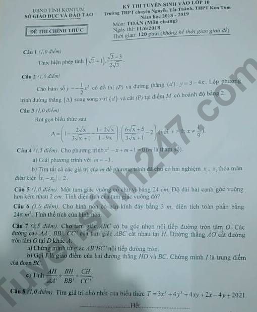 Đề thi tuyển sinh vào lớp 10 môn Toán Sở GD&ĐT Kon Tum năm học 2018 - 2019
