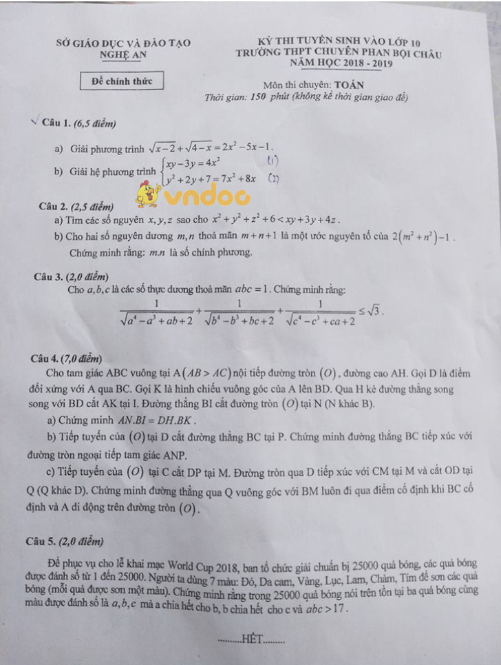 Đề thi tuyển sinh vào lớp 10 THPT chuyên môn Toán Sở GD&ĐT Nghệ An năm học 2018 - 2019