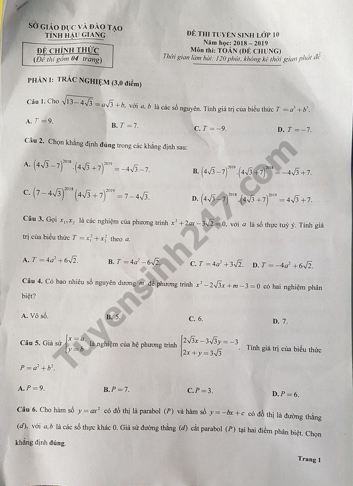 Đề thi tuyển sinh vào lớp 10 môn Toán Sở GD&ĐT Hậu Giang năm học 2018 - 2019