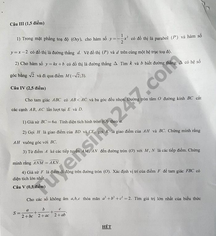 Đề thi tuyển sinh vào lớp 10 môn Toán Sở GD&ĐT Hậu Giang năm học 2018 - 2019