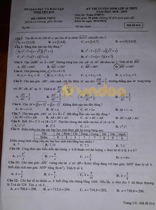 Đề thi tuyển sinh vào lớp 10 môn Toán Sở GD&ĐT Yên Bái năm học 2018 - 2019