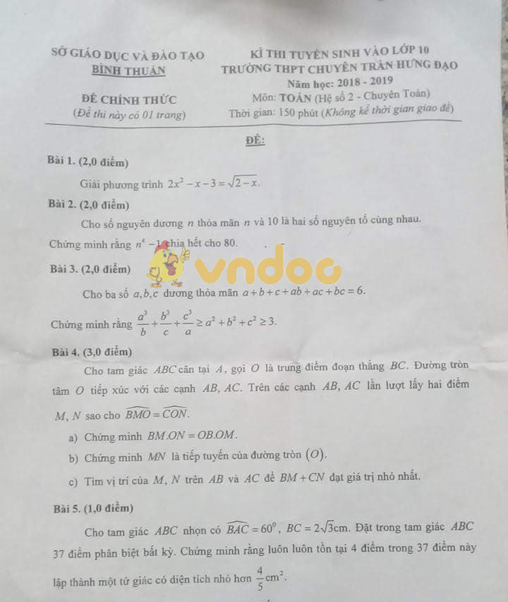 Đề thi tuyển sinh vào lớp 10 môn Toán trường THPT chuyên Trần Hưng Đạo, Bình Thuận năm học 2018 - 2019