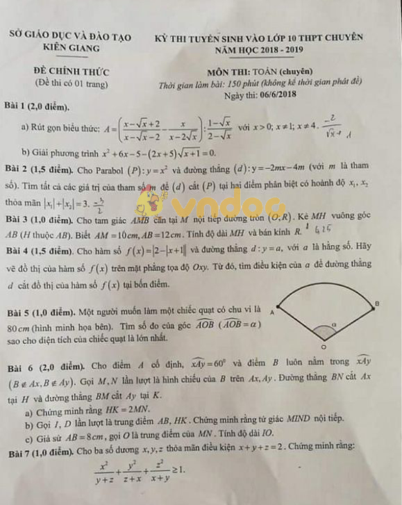 Đề thi tuyển sinh vào lớp 10 THPT chuyên môn Toán Sở GD&ĐT Kiên Giang năm học 2018 - 2019