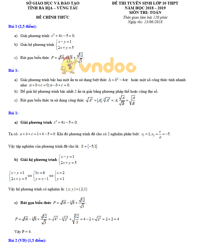 Đề thi tuyển sinh vào lớp 10 môn Toán Sở GD&ĐT Bà Rịa - Vũng Tàu năm học 2018 - 2019