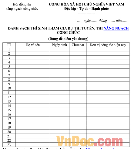 Mẫu danh sách thí sinh tham dự thi tuyển nâng ngạch công chức
