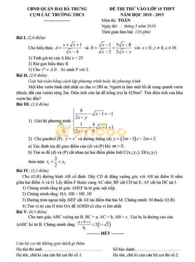Đề thi thử vào lớp 10 môn Toán Quận Hai Bà Trưng năm học 2018 - 2019