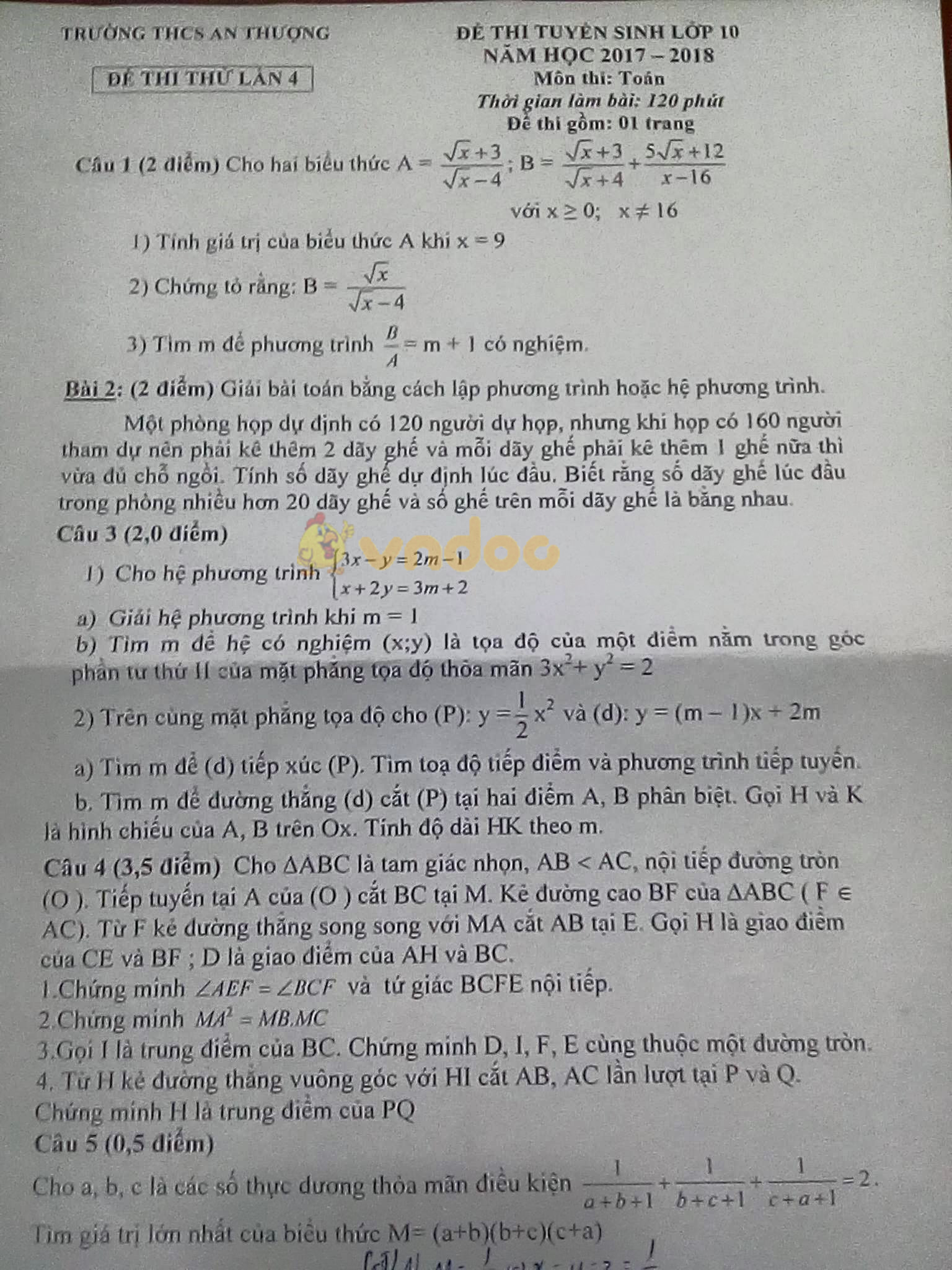 Đề thi thử vào lớp 10 môn Toán trường THCS An Thượng năm học 2017 - 2018 (lần 4)