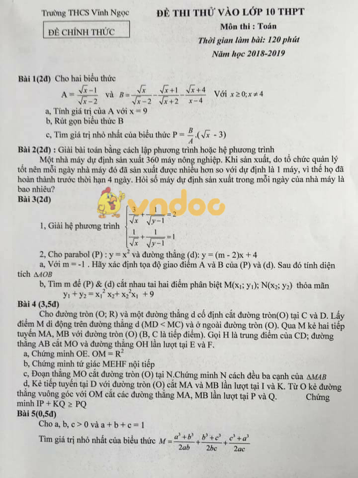 Đề thi thử vào lớp 10 môn Toán trường THCS Vĩnh Ngọc năm học 2018 - 2019