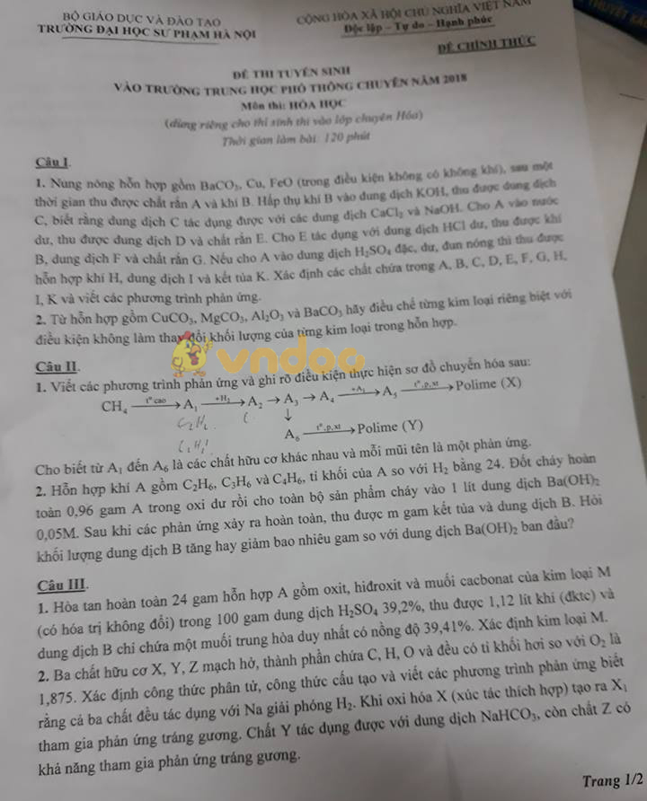 Đề thi tuyển sinh vào lớp 10 môn Hóa học trường Đại học sư phạm Hà Nội  năm học 2018 - 2019