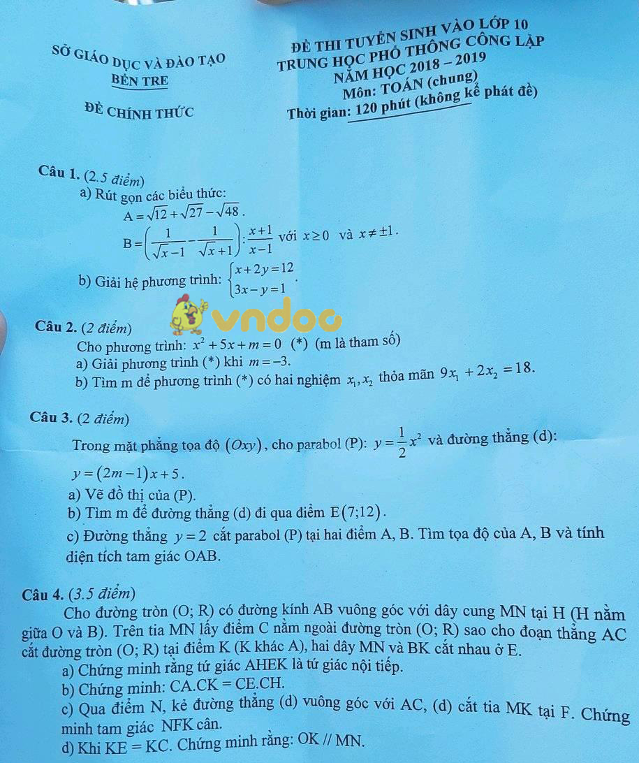 Đề thi tuyển sinh vào lớp 10 môn Toán Sở GD&ĐT Bến Tre năm học 2018 - 2019