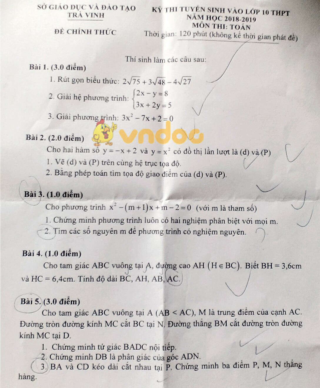 Đề thi tuyển sinh vào lớp 10 môn Toán Sở GD&ĐT Trà Vinh năm học 2018 - 2019